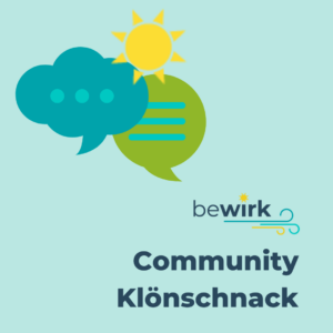 Logo mit Sonne, Sprech- und Gedankenblase, Text: bewirk Community Klönschnack 