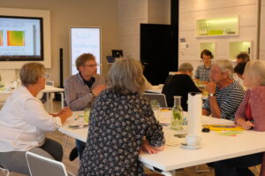 Bei einer bewirk Ideensession sitzen Menschen an Gruppentischen und diskutieren